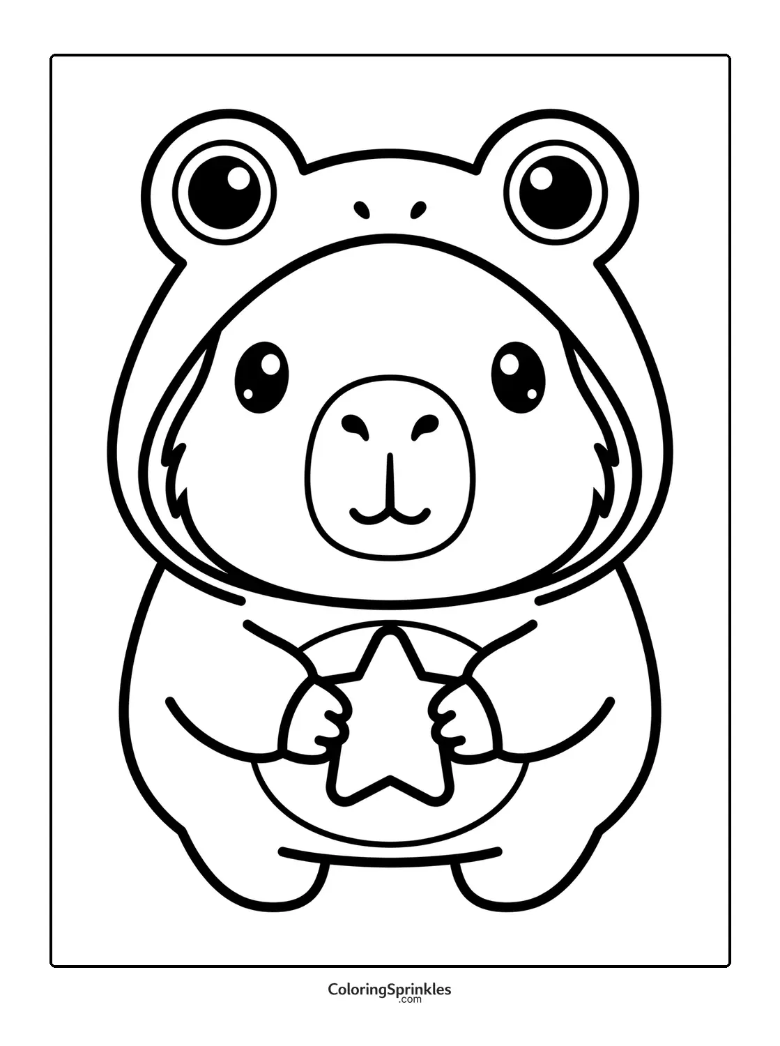 Coloring page of a capybara wearing a frog hoodie holding a star