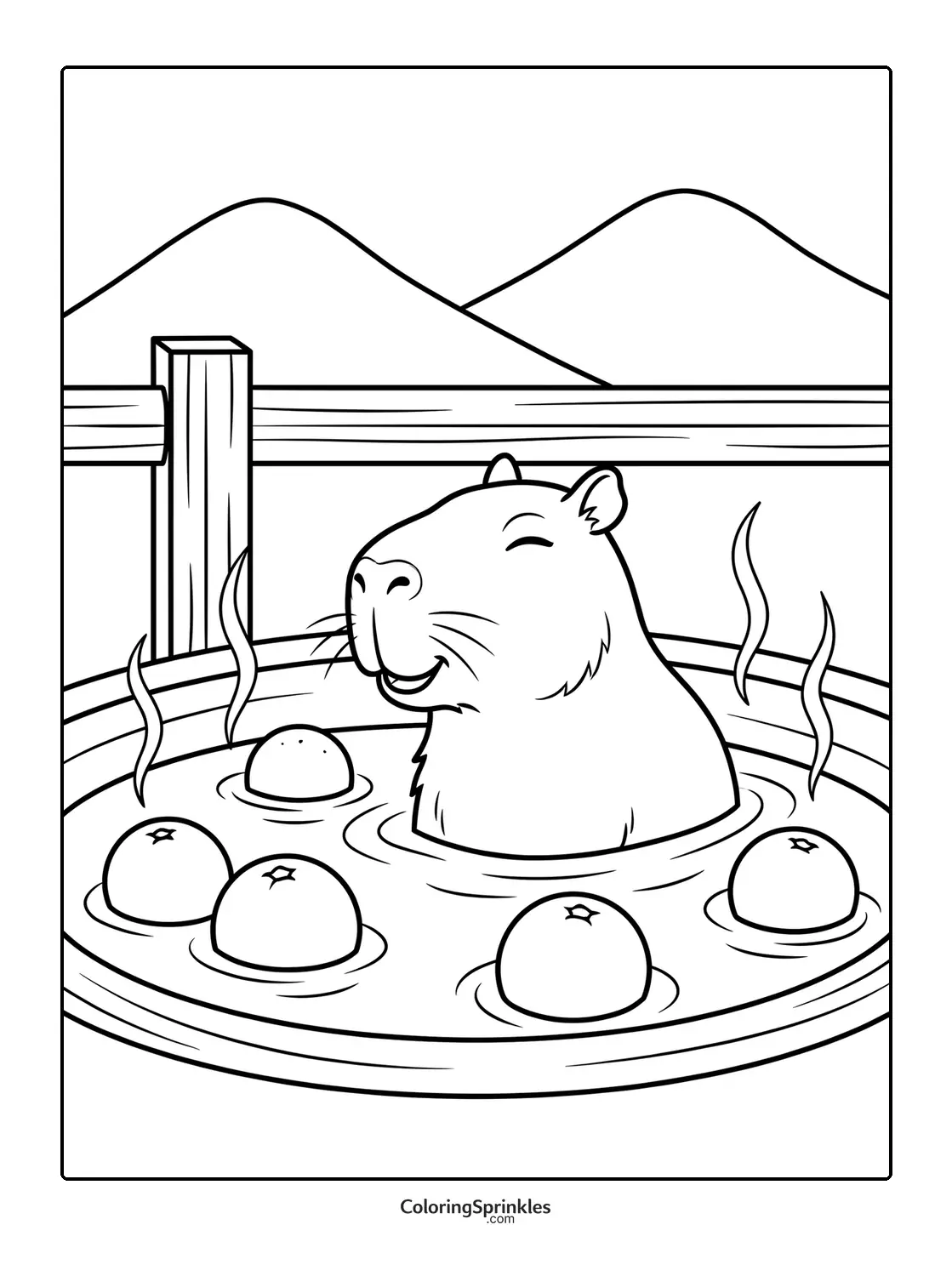 Coloring page of a capybara relaxing in a hot spring with floating oranges
