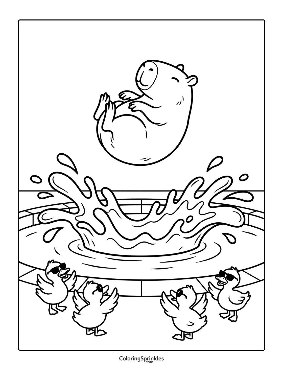 Coloring page of a capybara jumping into a pool with ducks wearing sunglasses