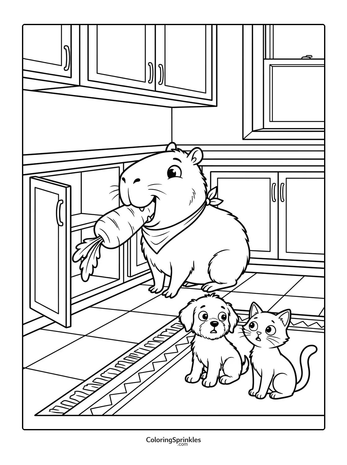 Coloring page of a capybara eating a carrot in a kitchen with a dog and a cat