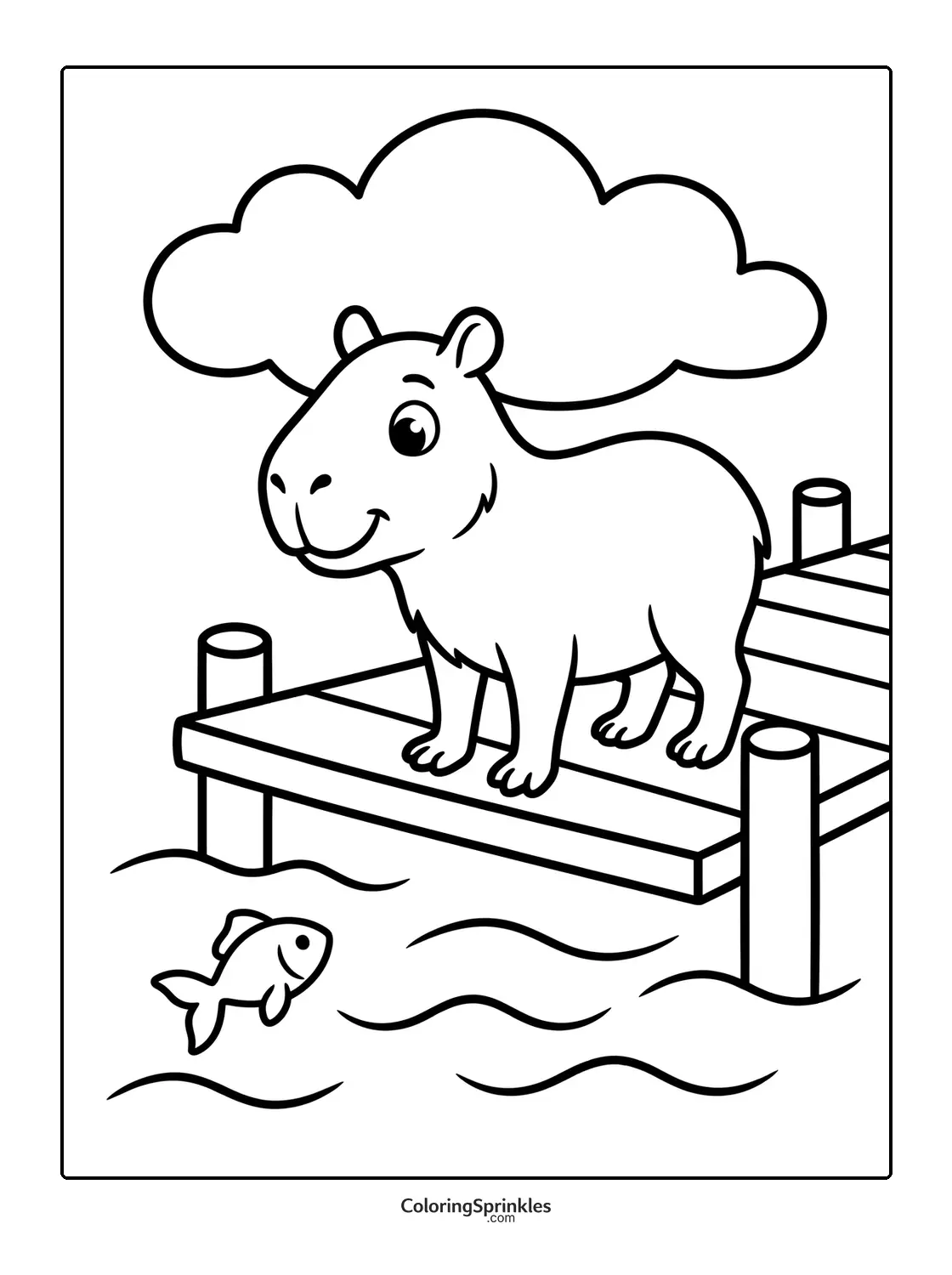 Coloring page of a capybara standing on a pier with a fish in the water and a cloud above