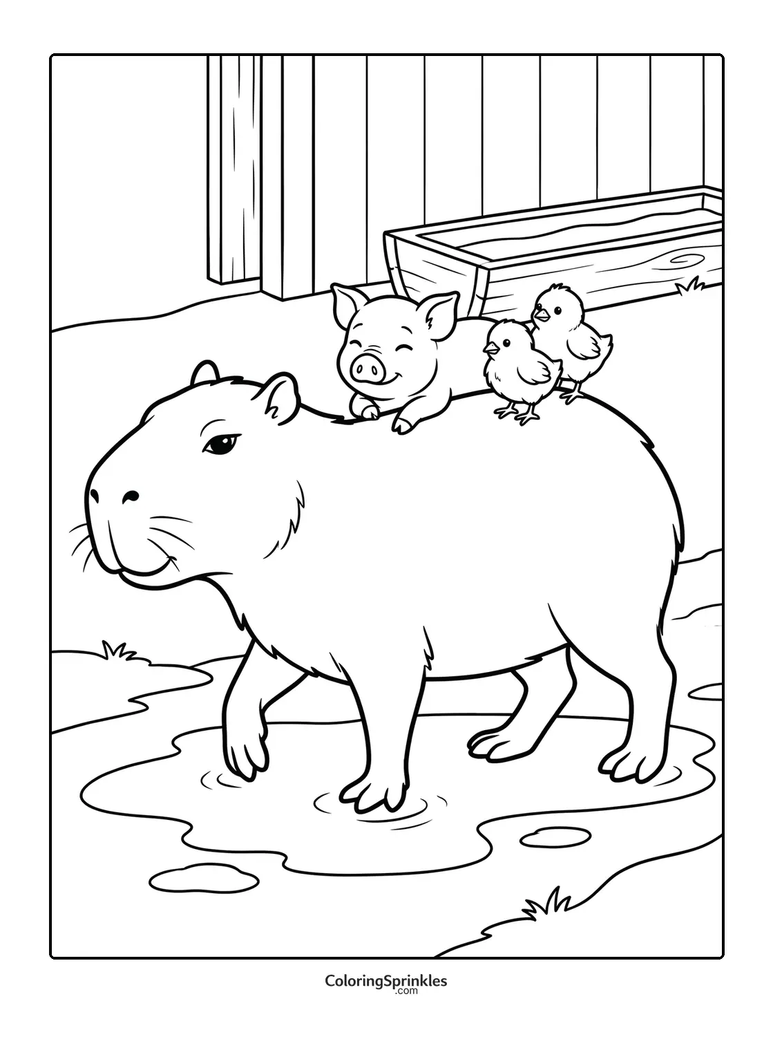 Coloring page of a capybara with a piglet and two chicks on its back in a farmyard puddle
