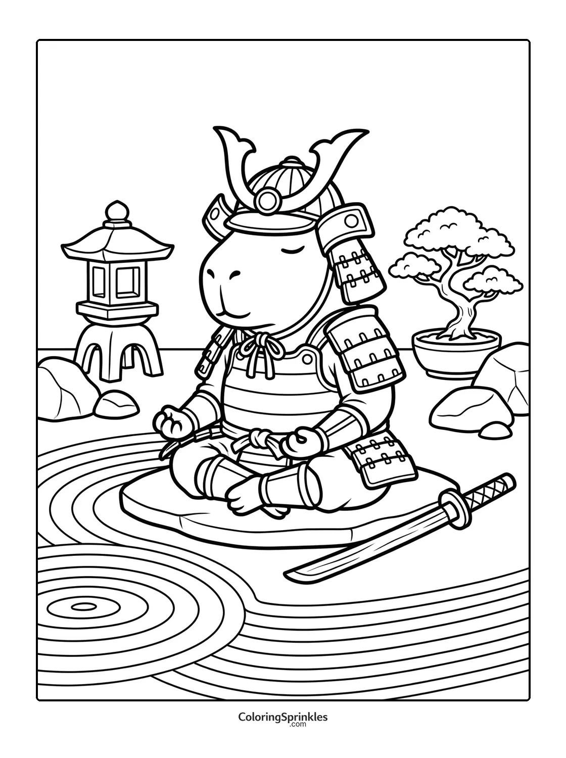 Coloring page of a capybara samurai meditating in a Japanese garden