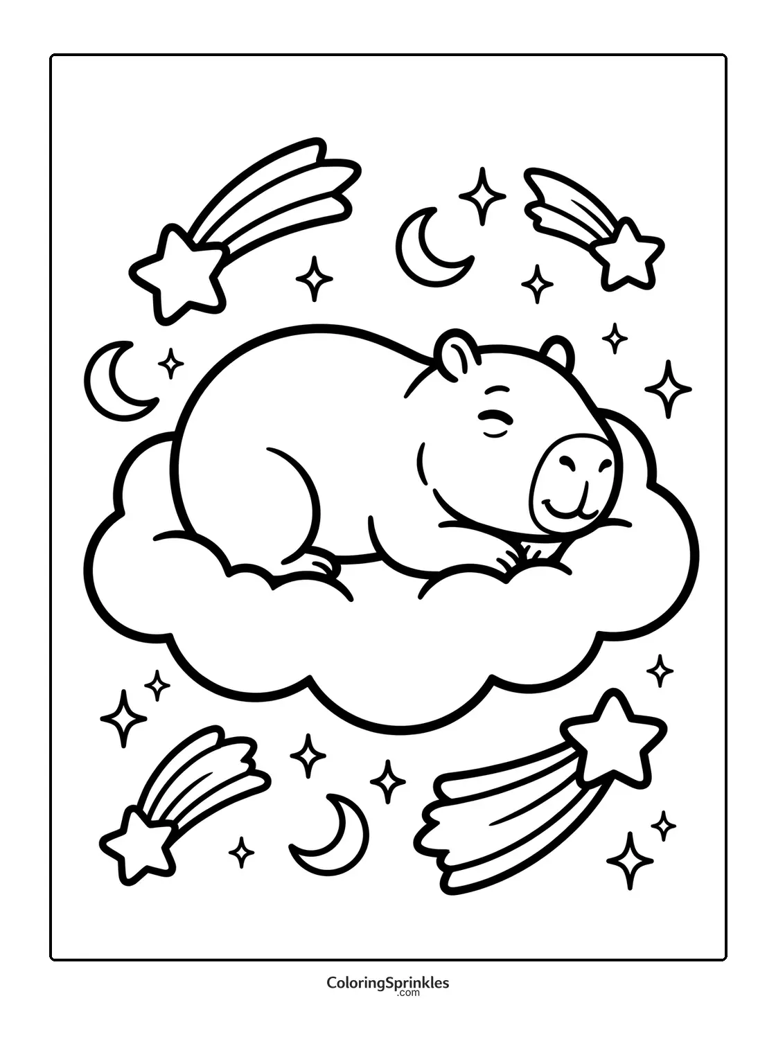 Coloring page of a capybara sleeping on a cloud surrounded by stars and moons