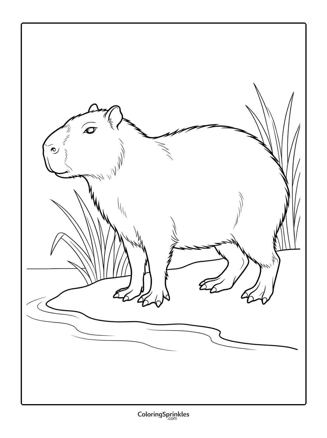 Coloring page of a capybara standing by a riverbank with grass