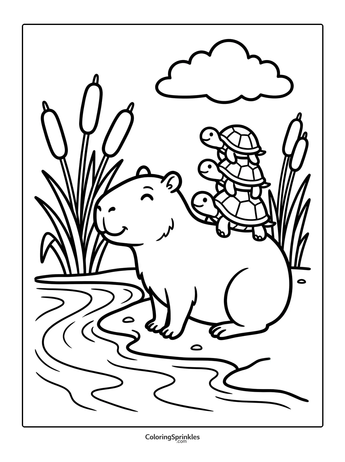 Coloring page of a capybara sitting by a river with three turtles stacked on its back