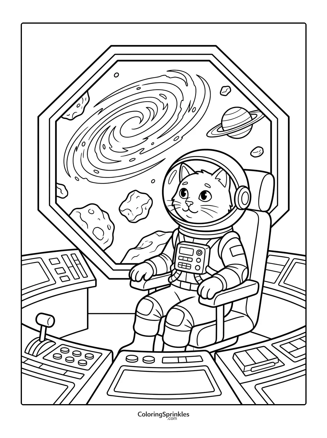 Coloring page of a cat astronaut sitting in a spaceship with asteroids and a galaxy outside