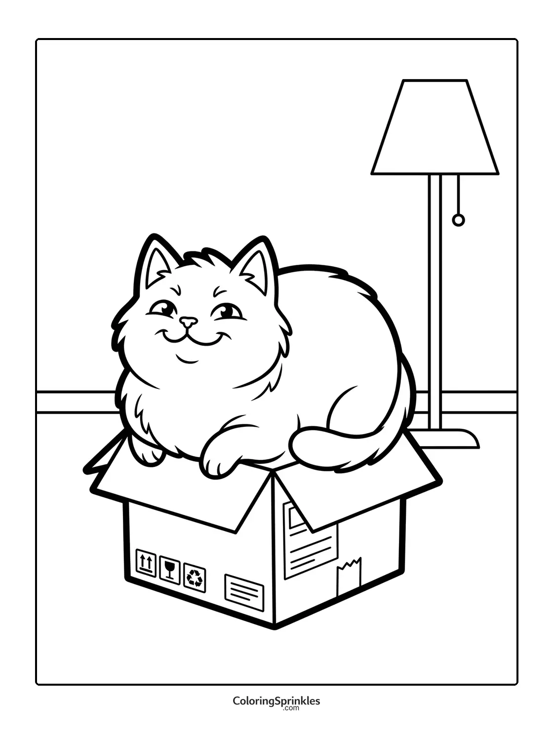 Coloring page of a cat sitting inside a box next to a lamp