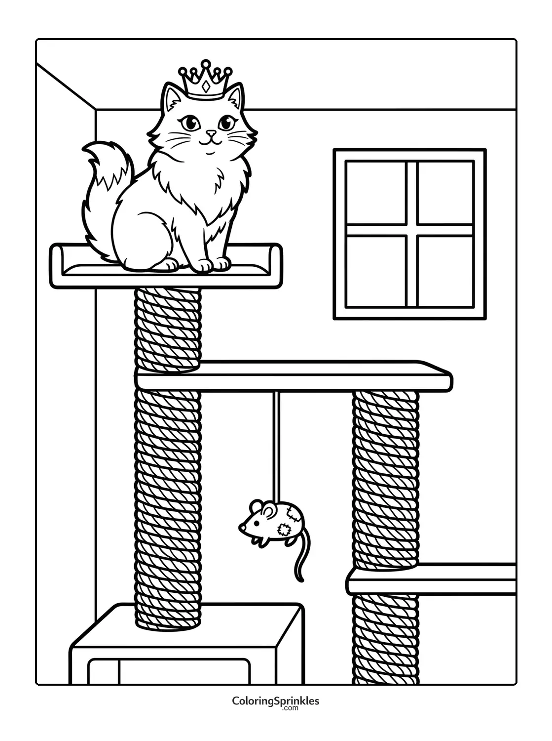 Coloring page of a cat wearing a crown sitting on a cat tree with a hanging toy mouse near a window