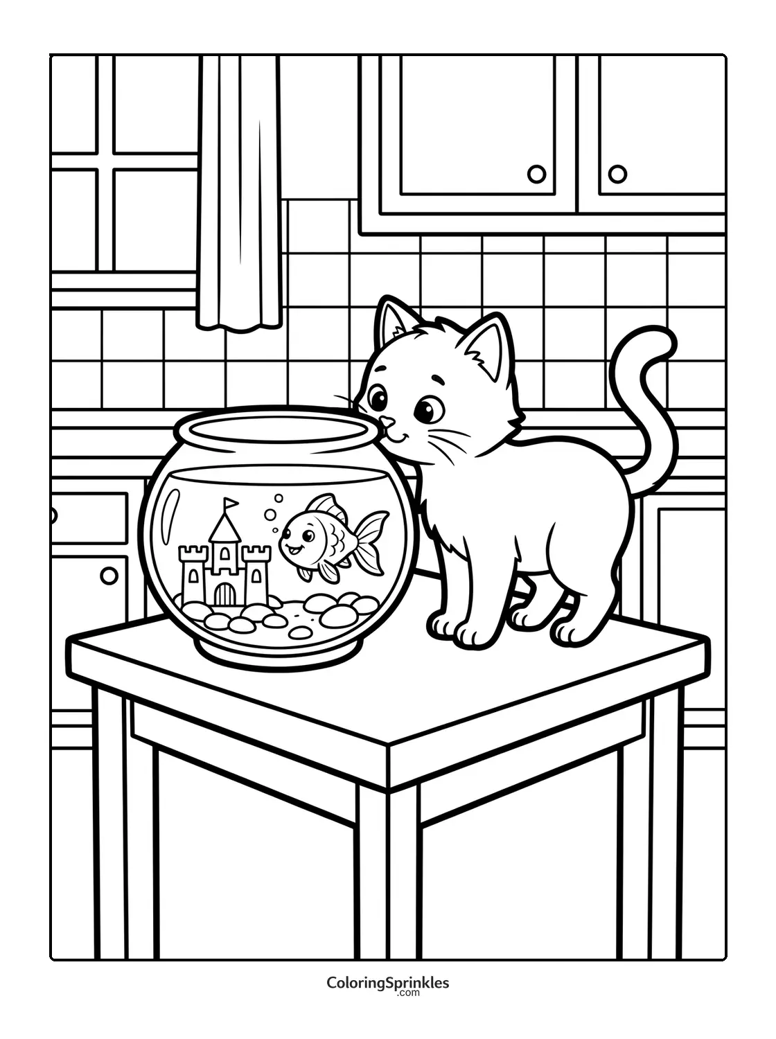 Coloring page of a cat looking at a fish in a fishbowl on a kitchen table