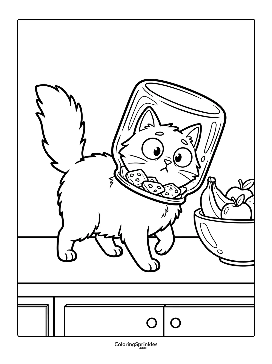 Coloring page of a cat with its head stuck in a glass on a kitchen counter with a fruit bowl