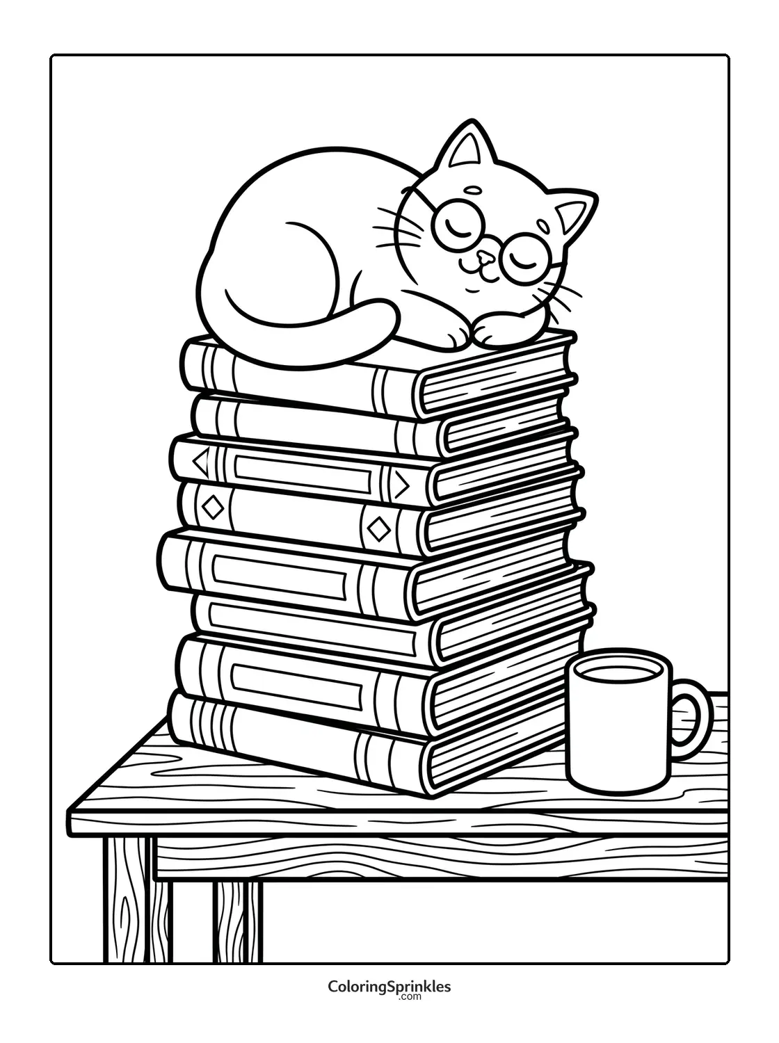 Coloring page of a cat wearing glasses sleeping on a stack of books on a table with a mug
