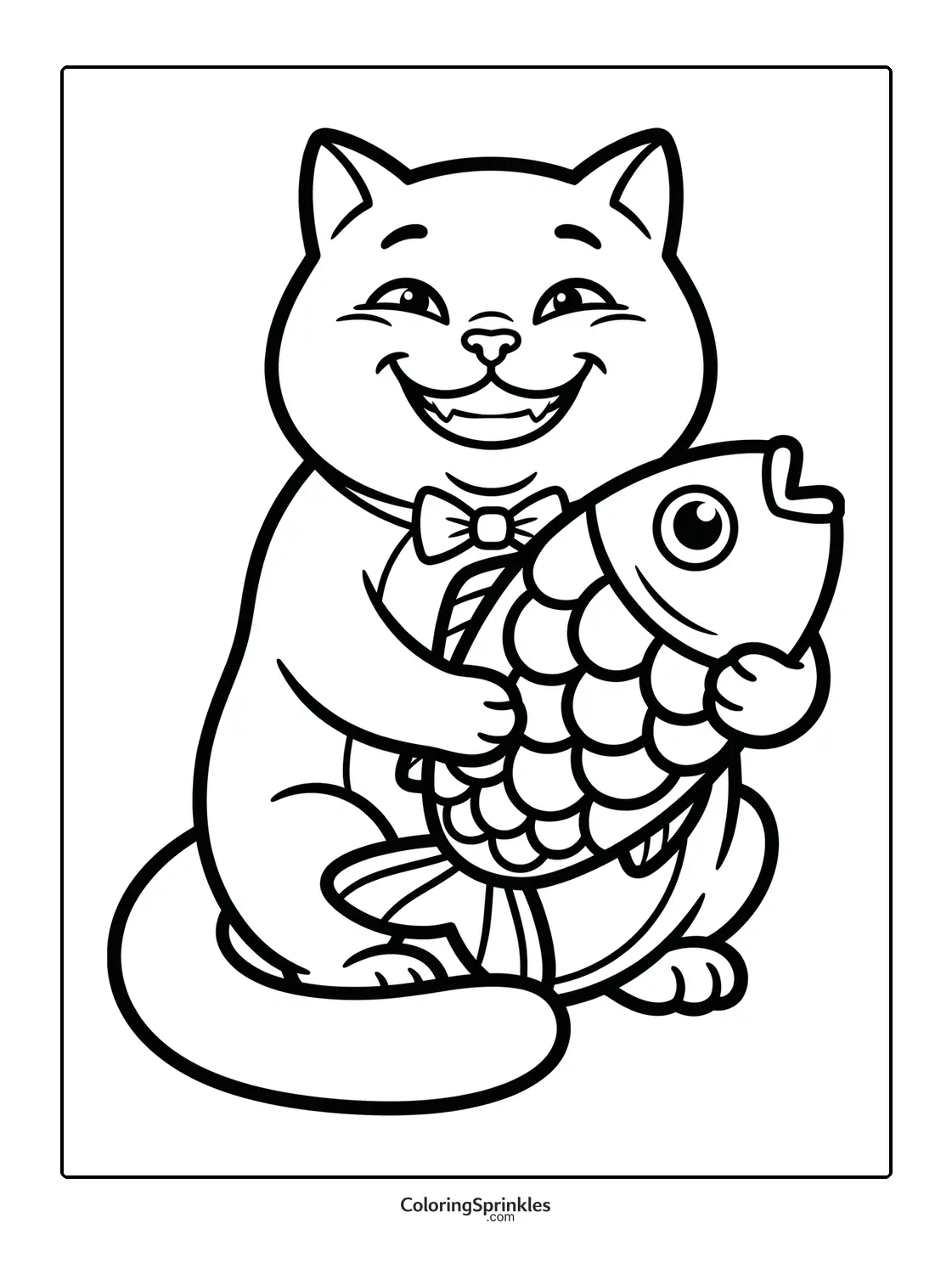 Coloring page of a happy cat holding a large fish and wearing a bowtie