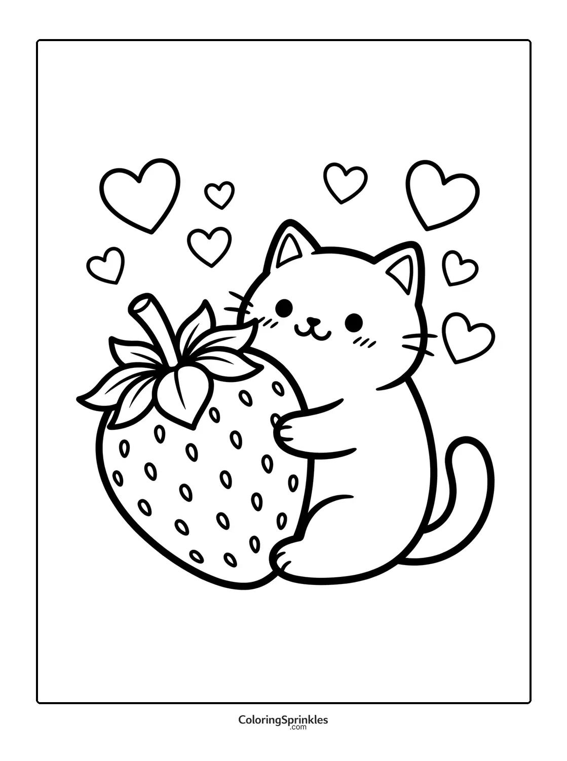 Coloring page of a cat hugging a large strawberry with hearts