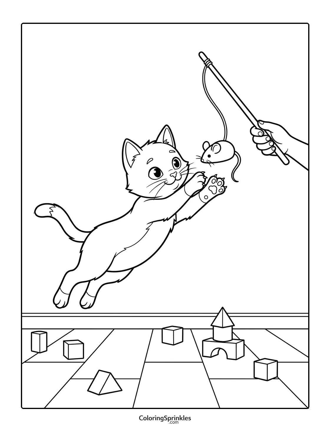 Coloring page of a cat jumping to catch a toy mouse on a stick