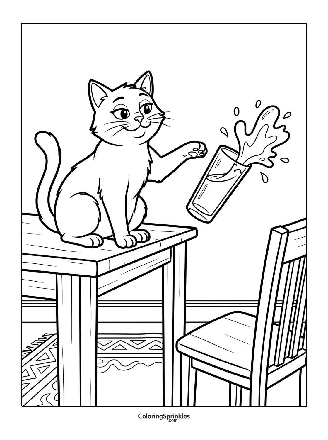 Coloring page of a cat knocking a glass of water off a table