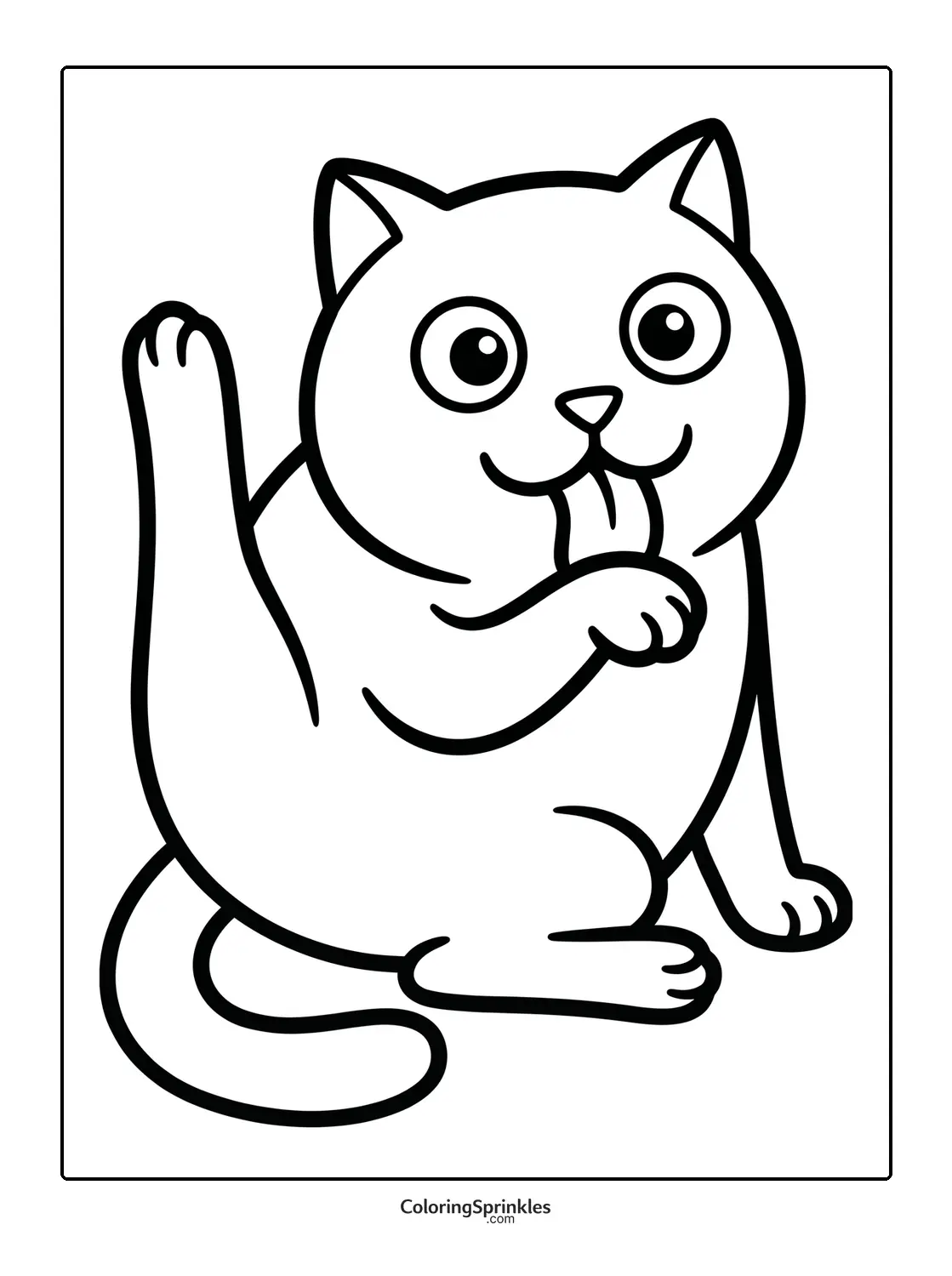 Coloring page of a cat sitting and licking its paw