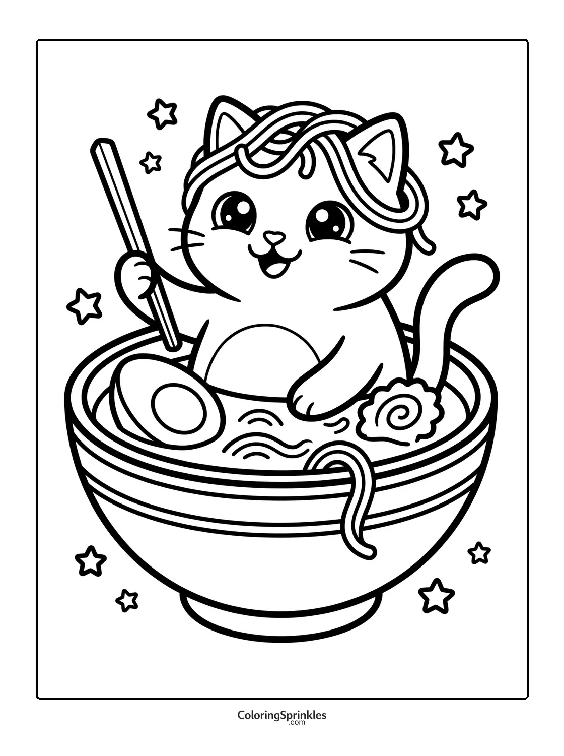 Coloring page of a cat sitting in a bowl of noodles with stars around