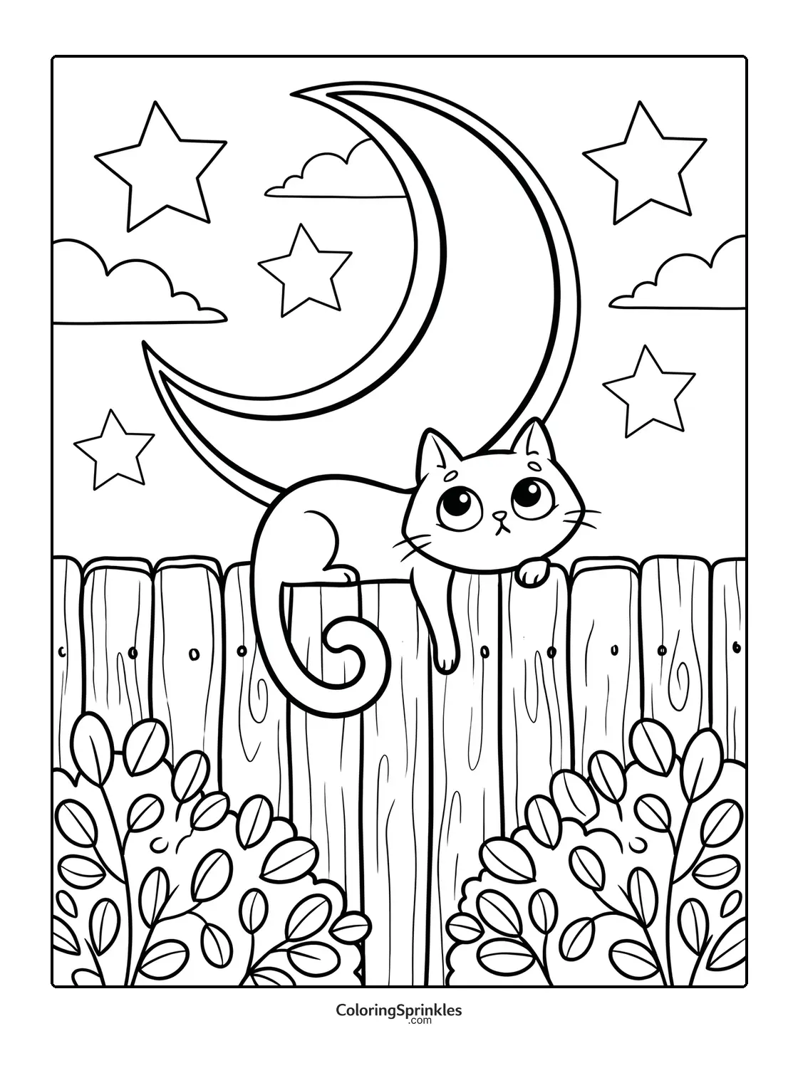 Coloring page of a cat sitting on a wooden fence with a crescent moon and stars in the night sky