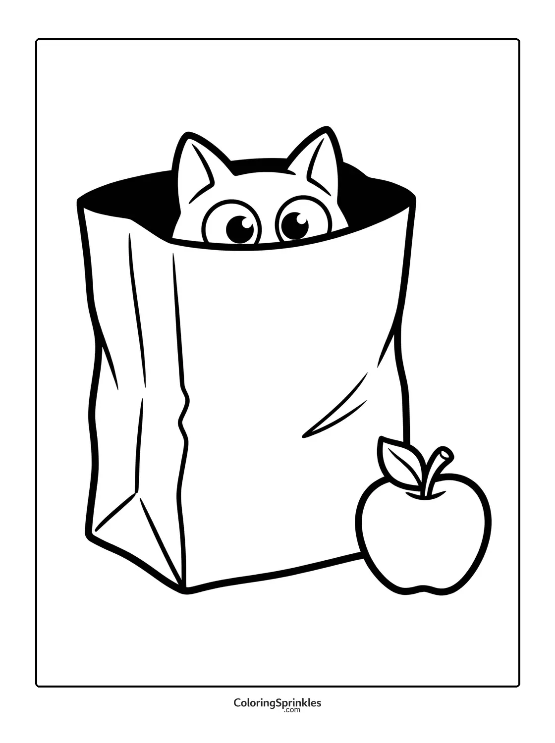 Coloring page of a cat peeking out of a paper bag with an apple
