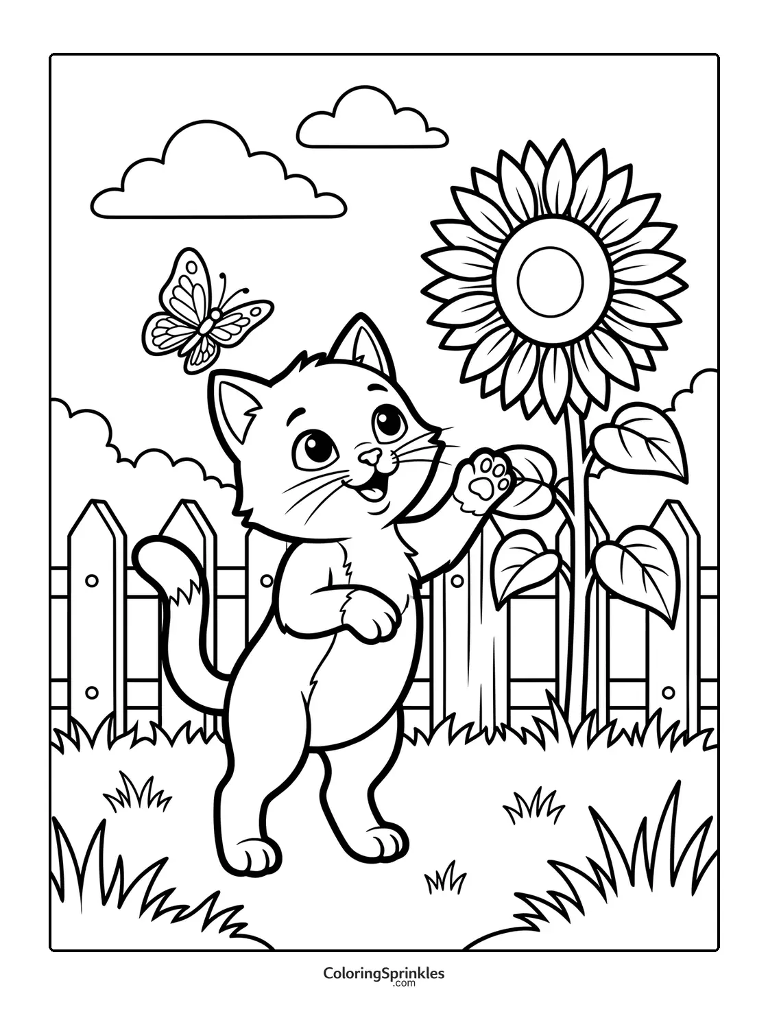 Coloring page of a cat playing with a butterfly near a sunflower and fence