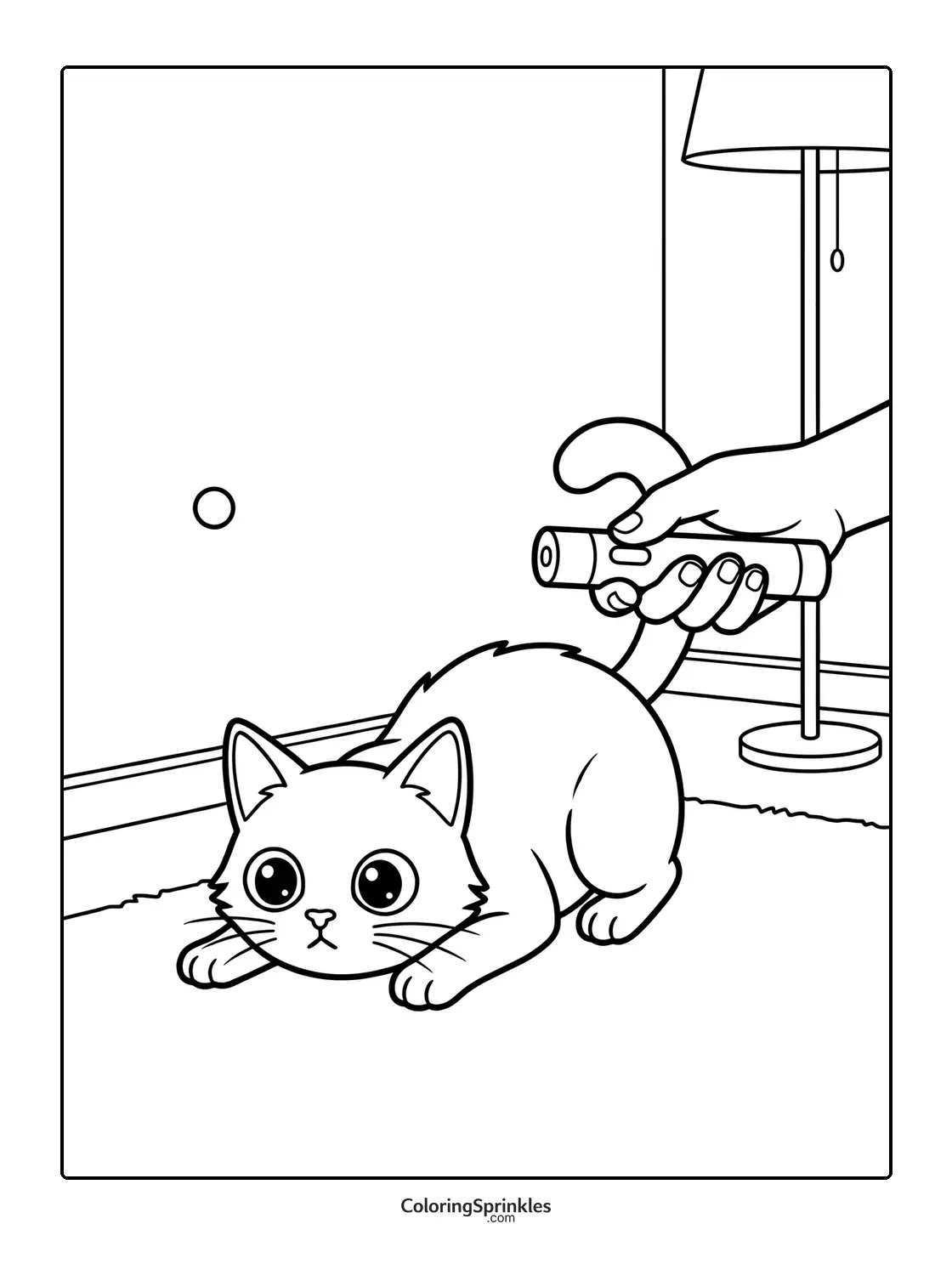 Coloring page of a cat playing with a laser pointer indoors