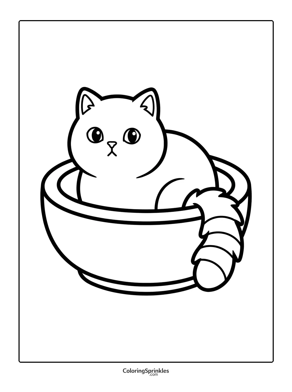 Coloring page of a cat sitting inside a bowl
