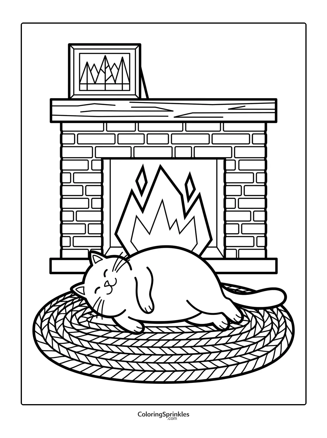 Coloring page of a cat sleeping on a rug by a fireplace