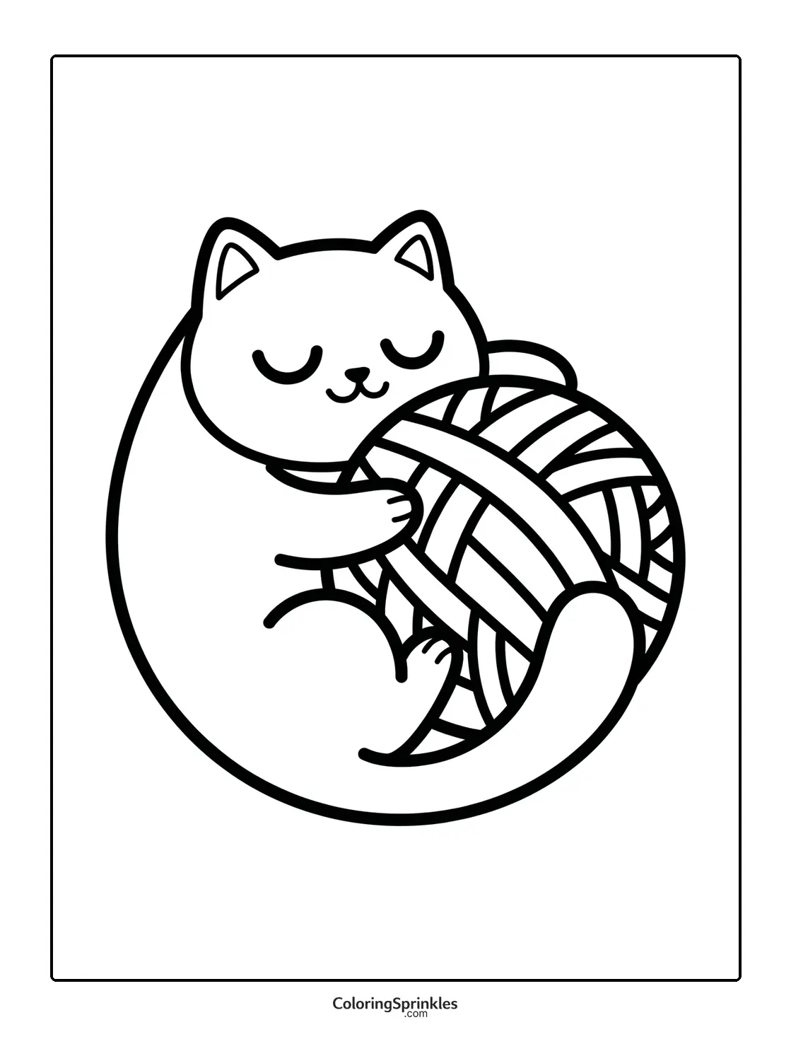 Coloring page of a cat sleeping while hugging a yarn ball