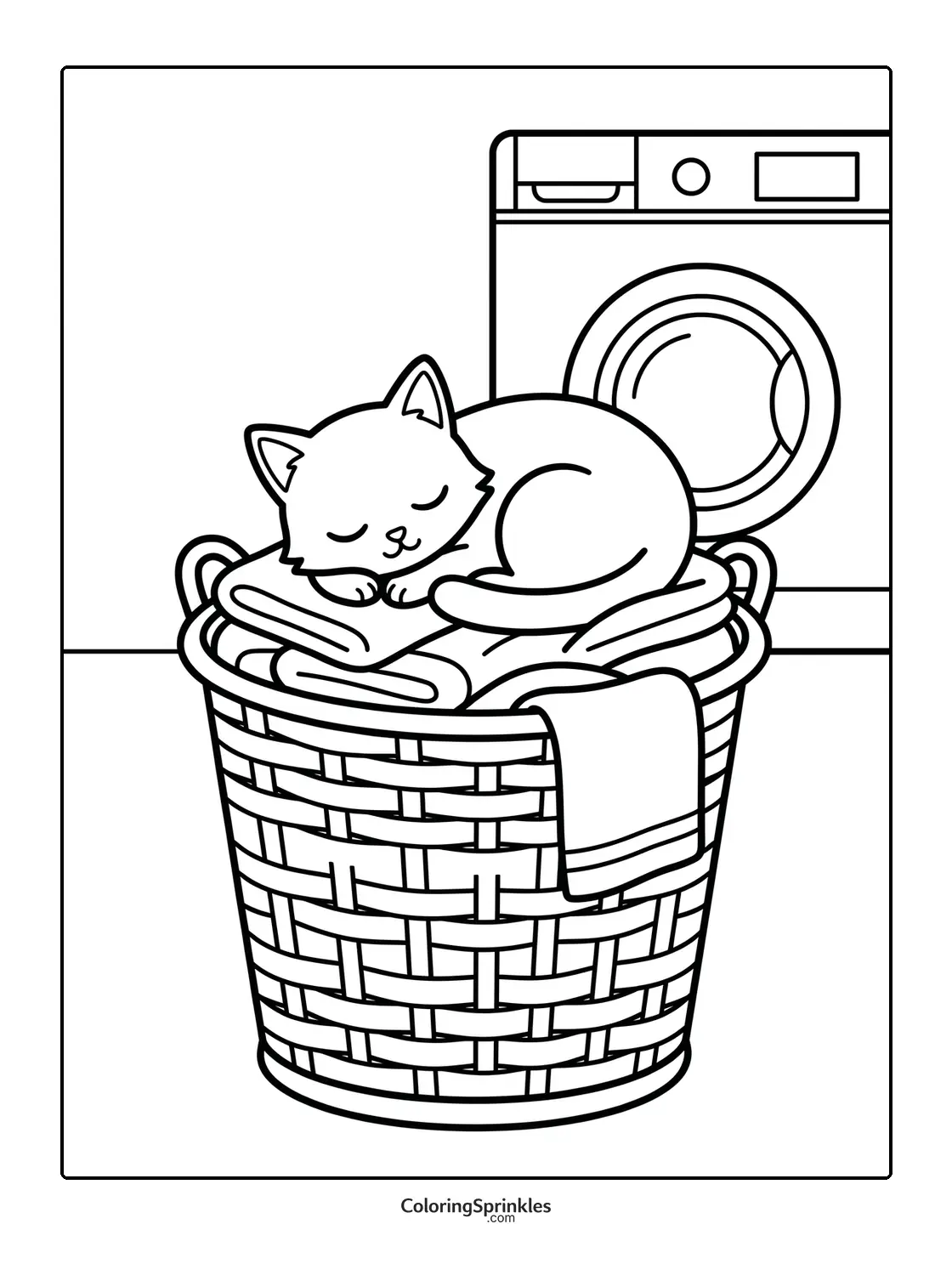 Coloring page of a cat sleeping on folded laundry in a basket near a washing machine