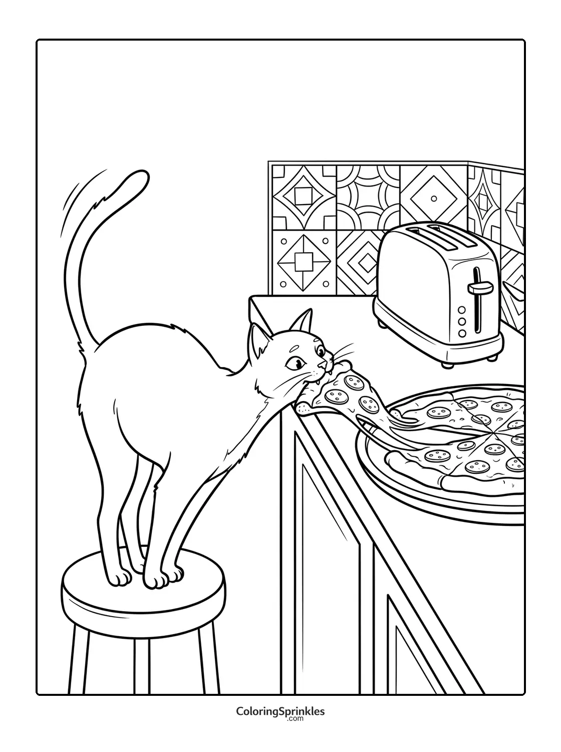 Coloring page of a cat stealing a slice of pizza in a kitchen