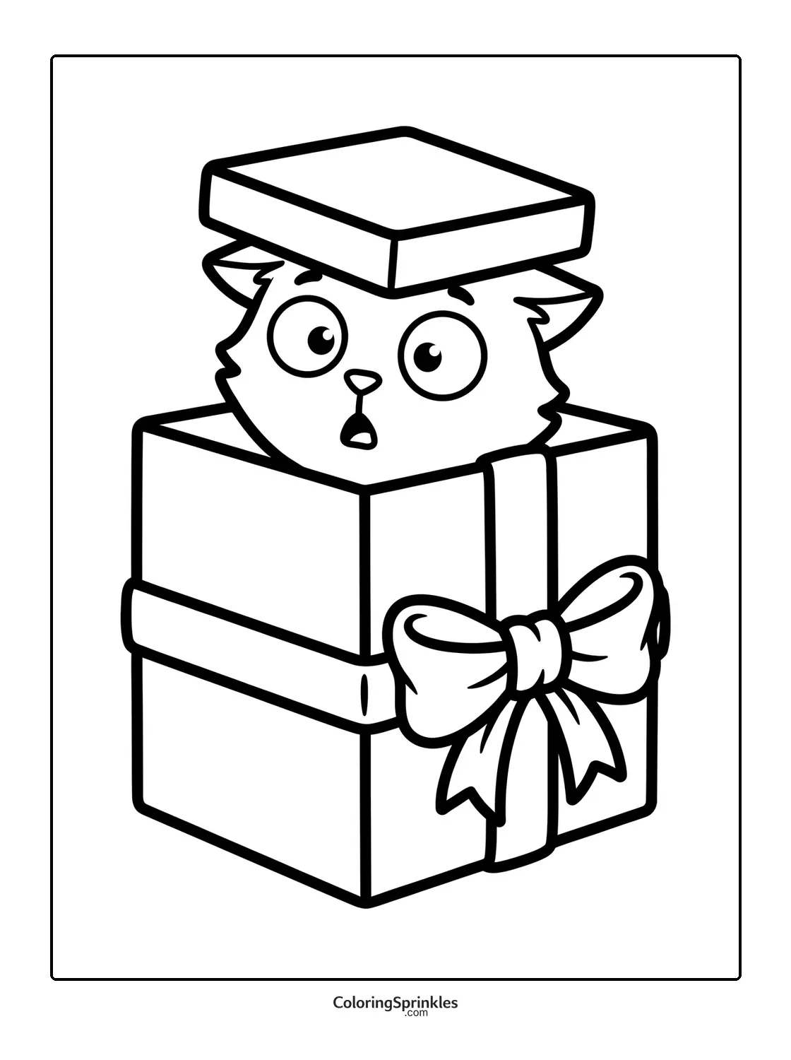 Coloring page of a surprised cat popping out of a gift box with a bow