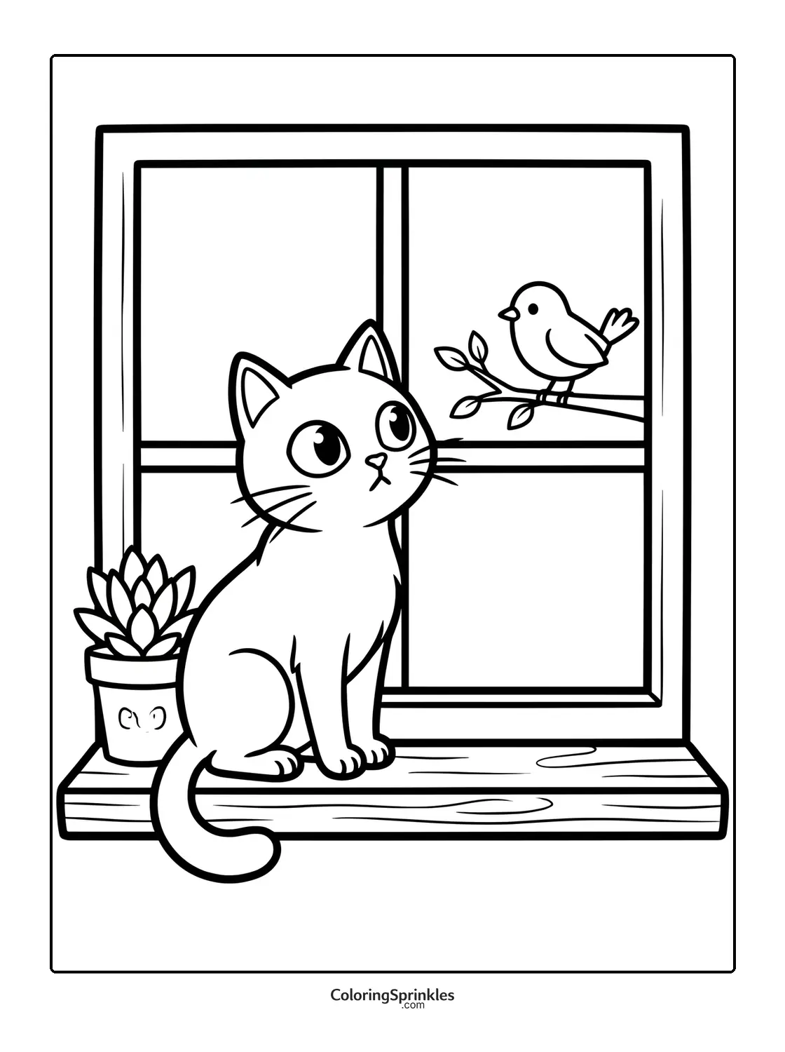 Coloring page of a cat sitting on a windowsill looking at a bird on a branch