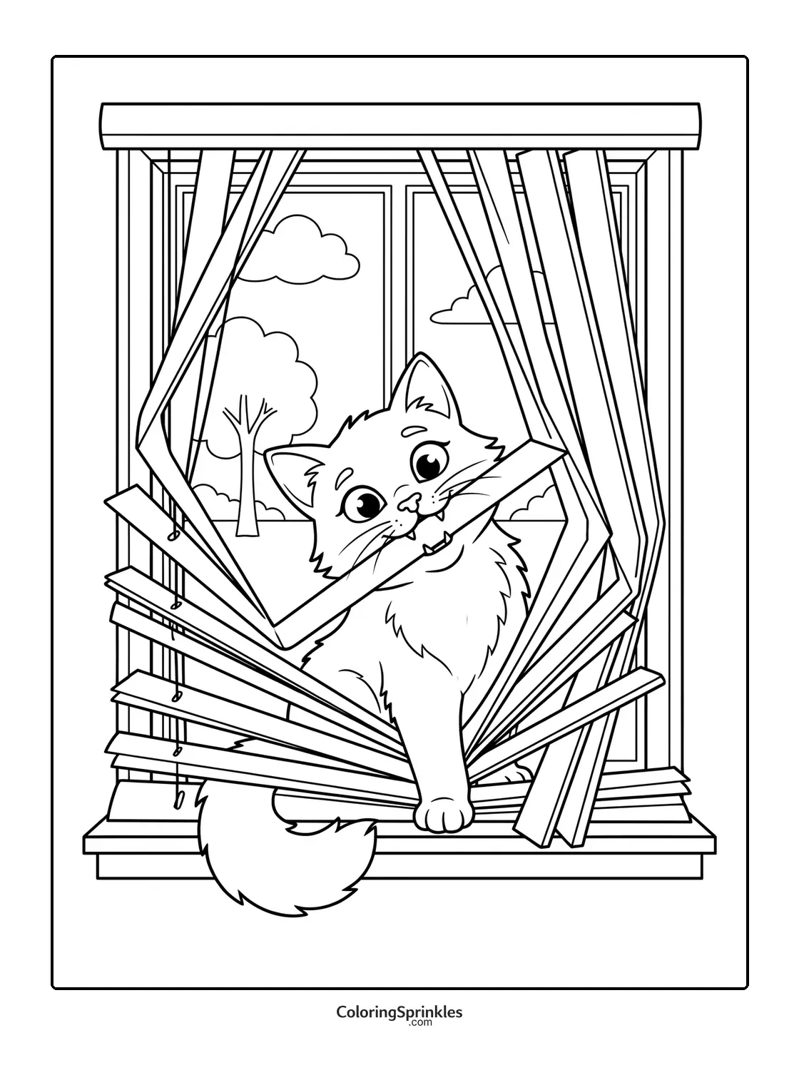 Coloring page of a cat chewing a stick while sitting in a broken window blind