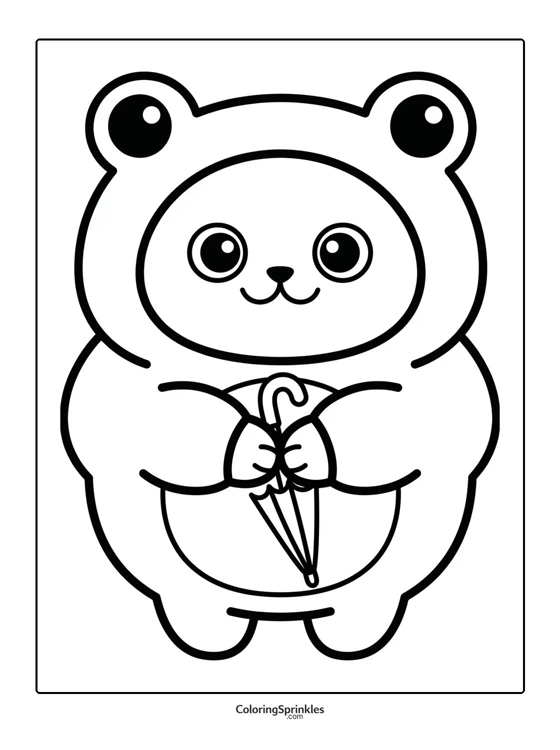 Coloring page of a cute cat in a bear costume holding an umbrella