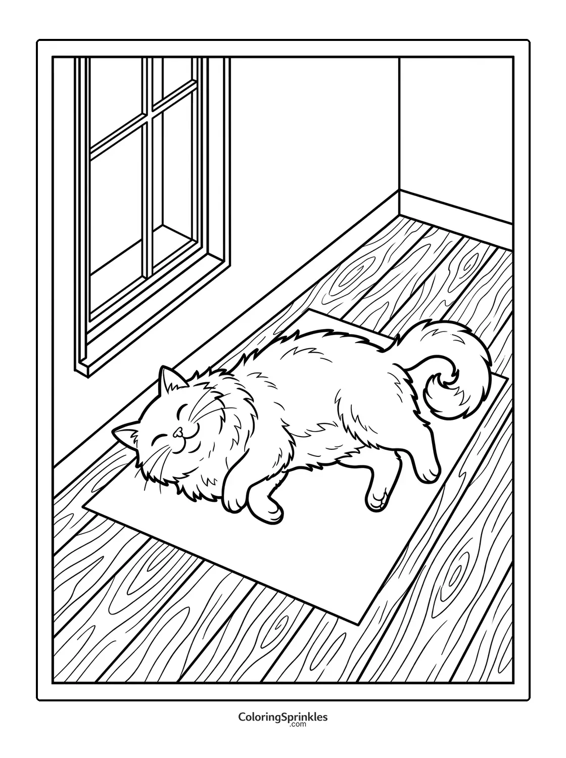 Coloring page of a fluffy cat lying on a rug near a window in a room