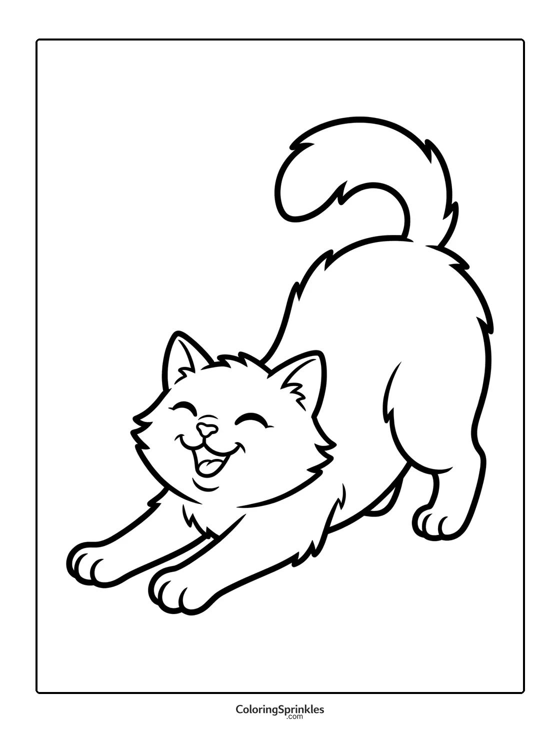 Coloring page of a happy cat stretching