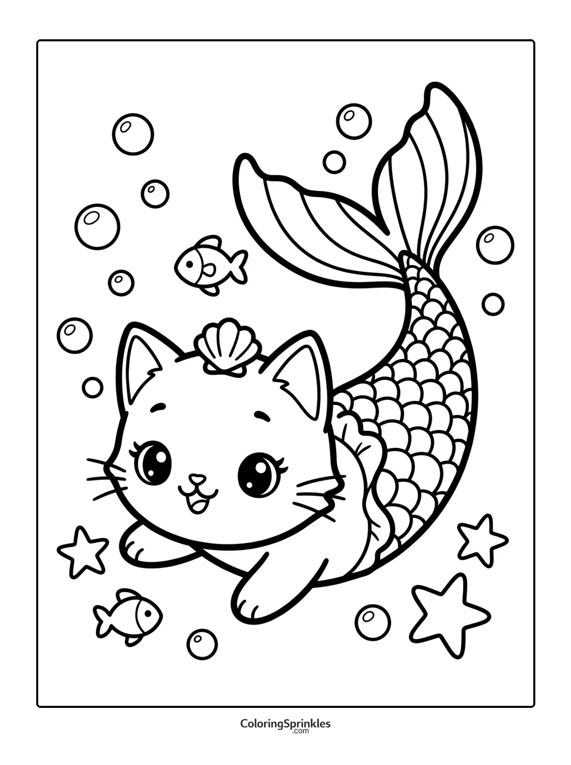 Coloring page of a mermaid cat swimming with fish and starfish