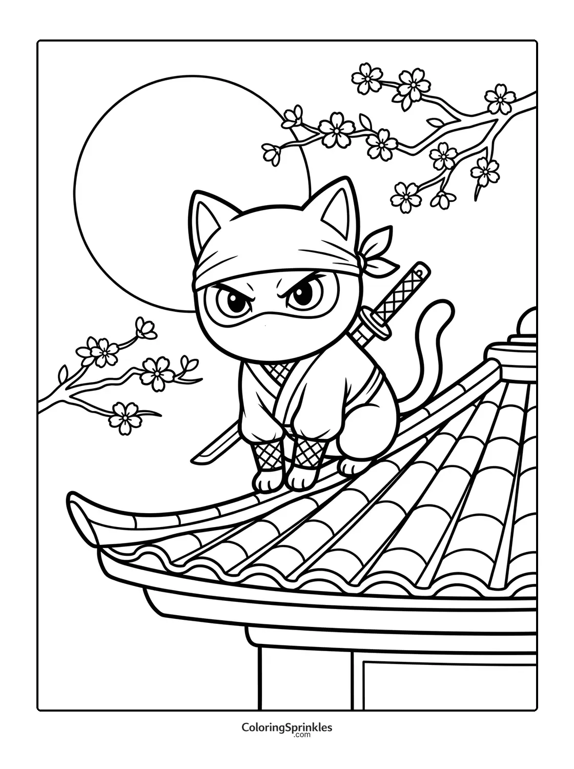 Coloring page of a ninja cat crouching on a rooftop with a full moon and cherry blossoms