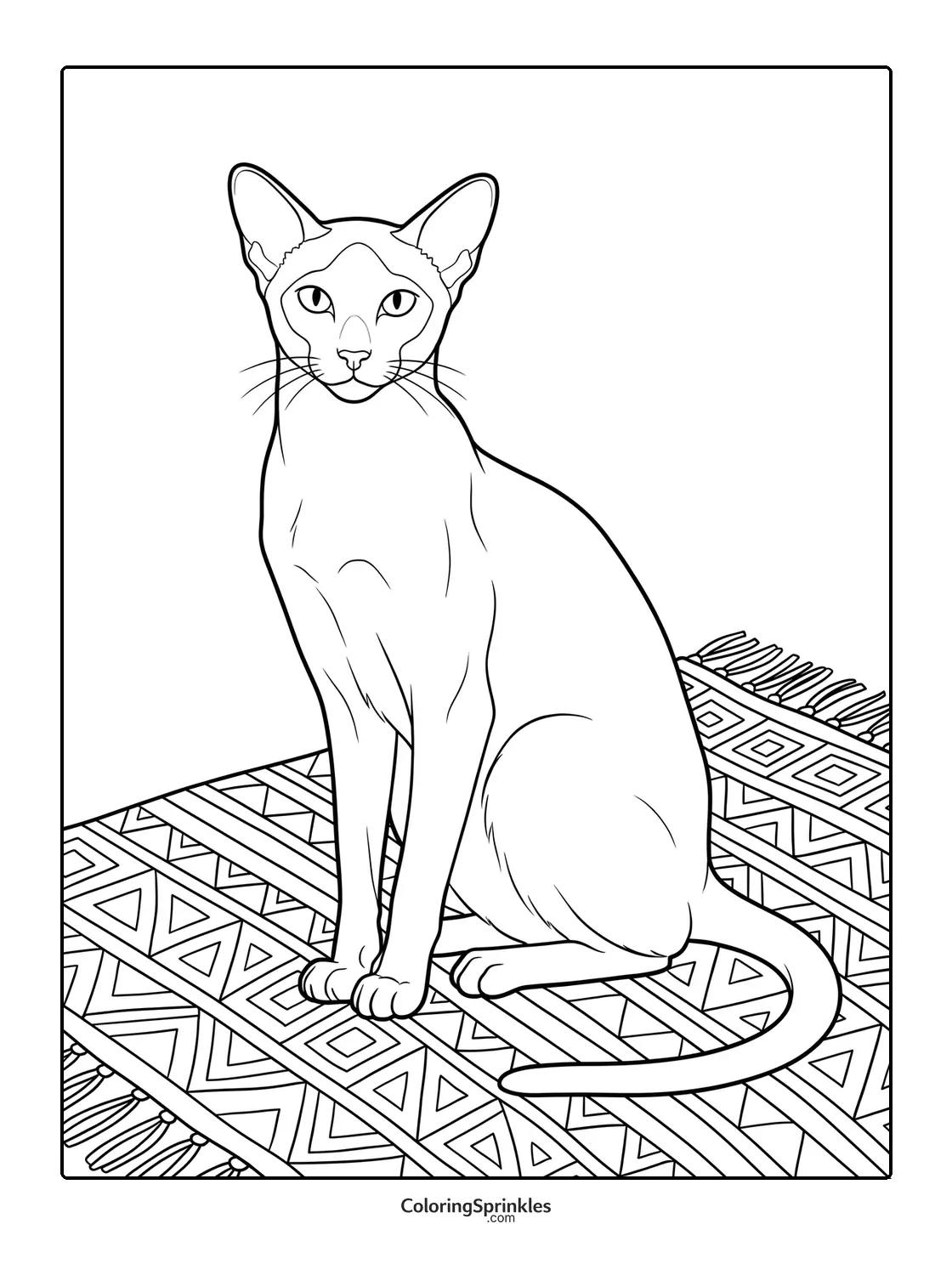 Coloring page of an oriental cat sitting on a patterned rug