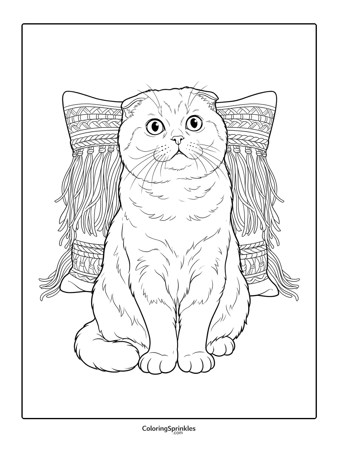 Coloring page of a Scottish Fold cat sitting in front of a decorative pillow