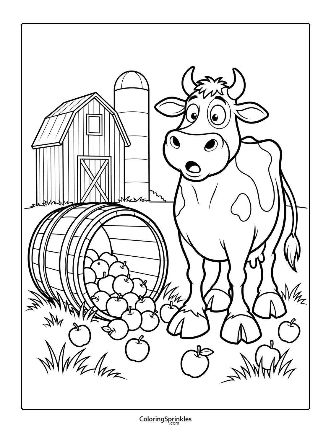 Coloring page of a surprised cow near a barrel of apples on a farm