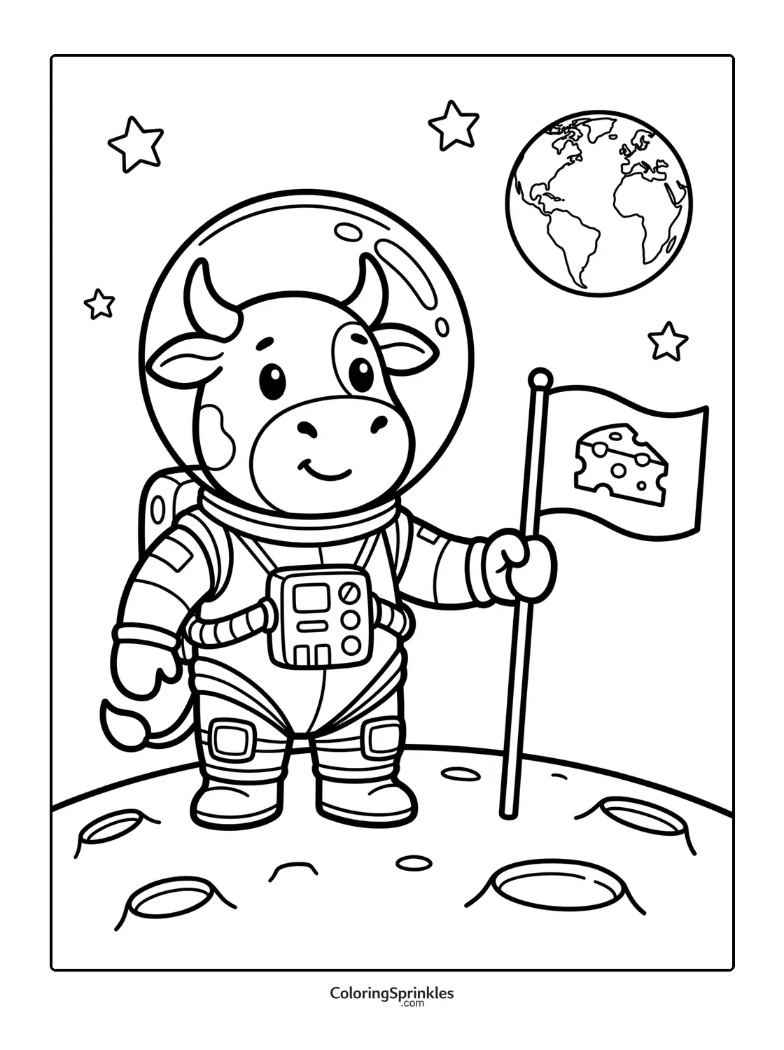 Coloring page of a cow astronaut standing on the moon holding a cheese flag