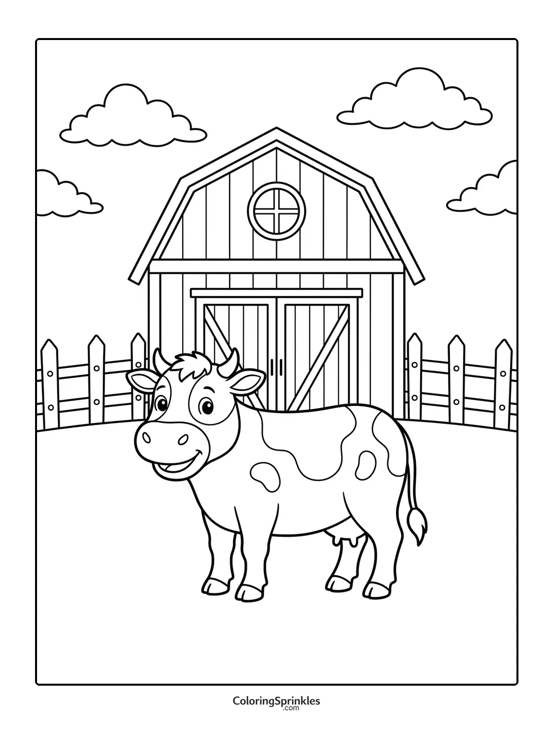 Coloring page of a happy cow standing in front of a barn with a fence and clouds