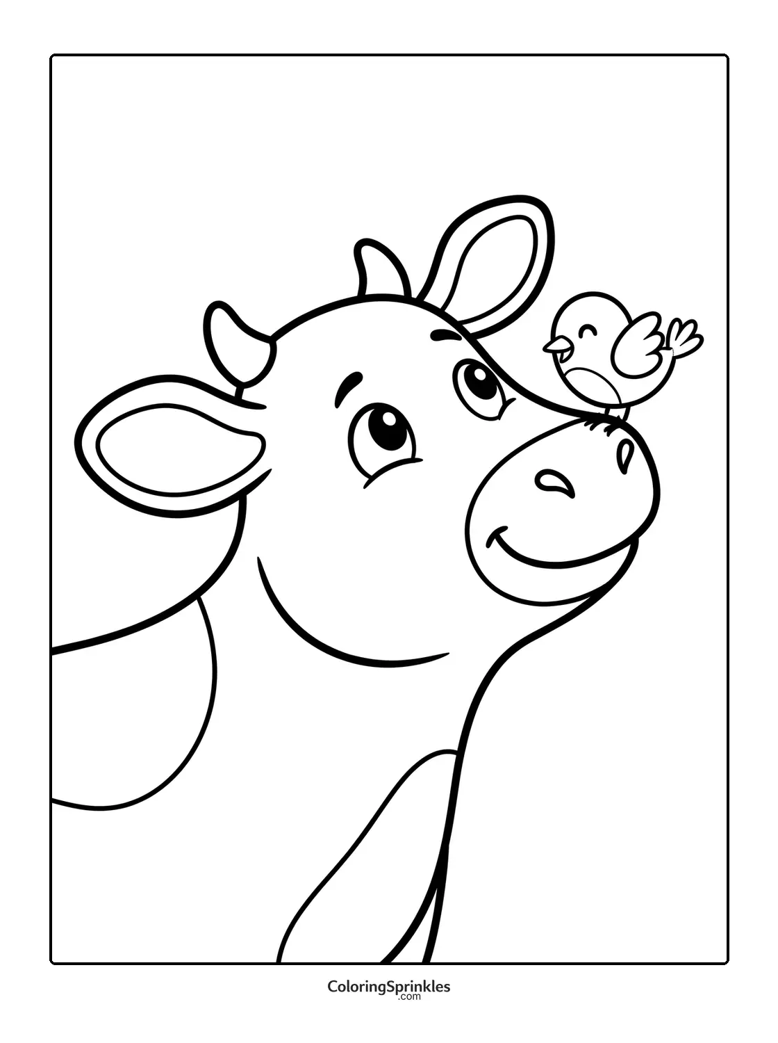 Coloring page of a cow with a bird on its nose