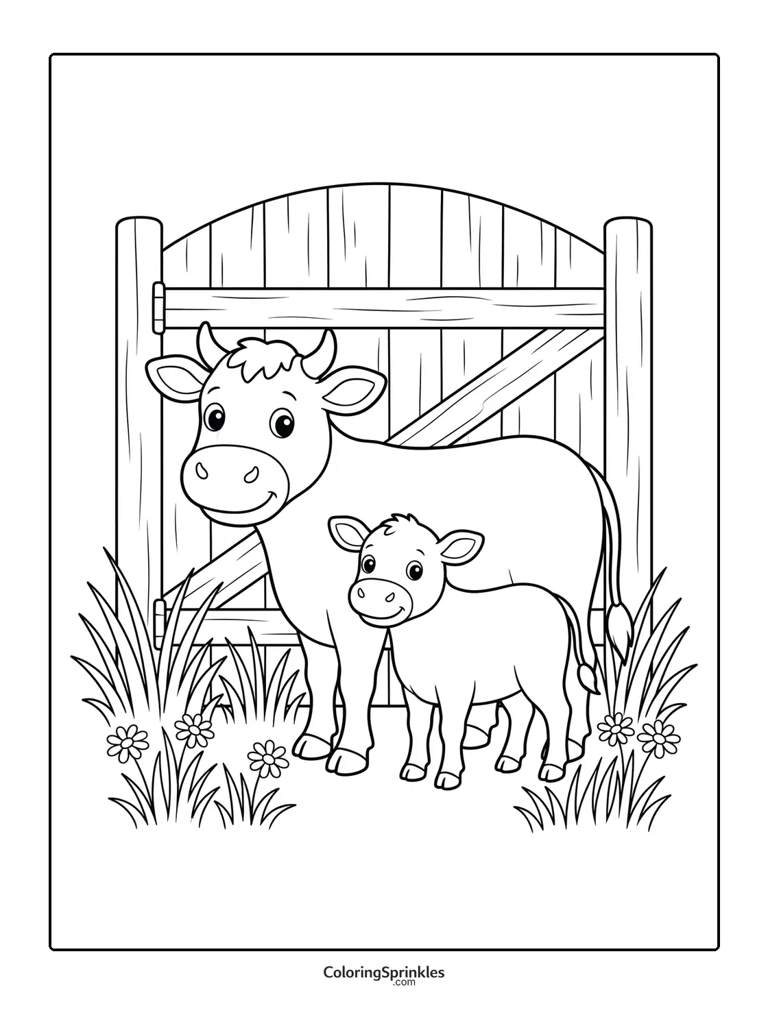 Coloring page of a cow and calf standing by a farm gate with flowers