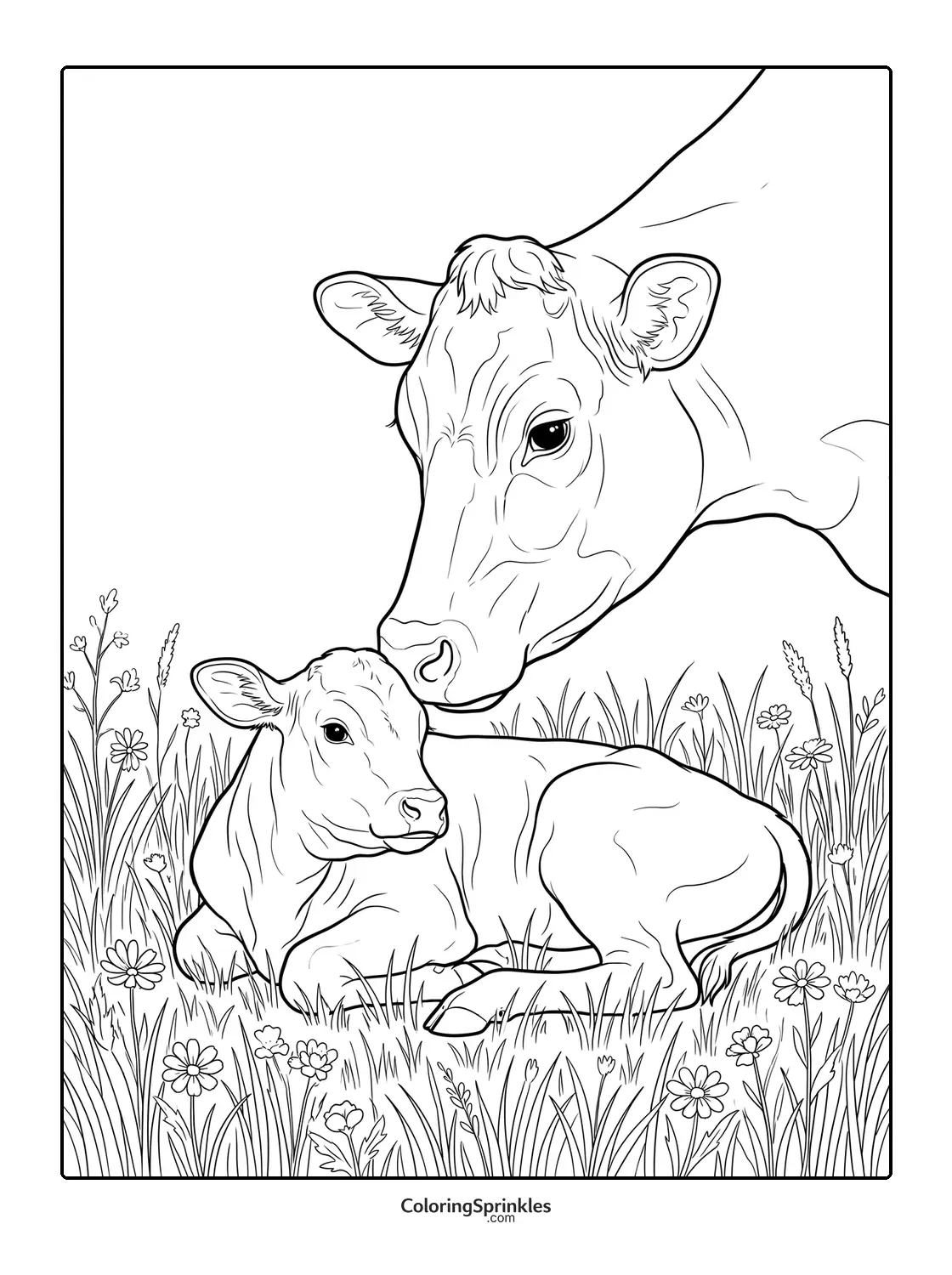 Coloring page of a cow and calf in a flower meadow