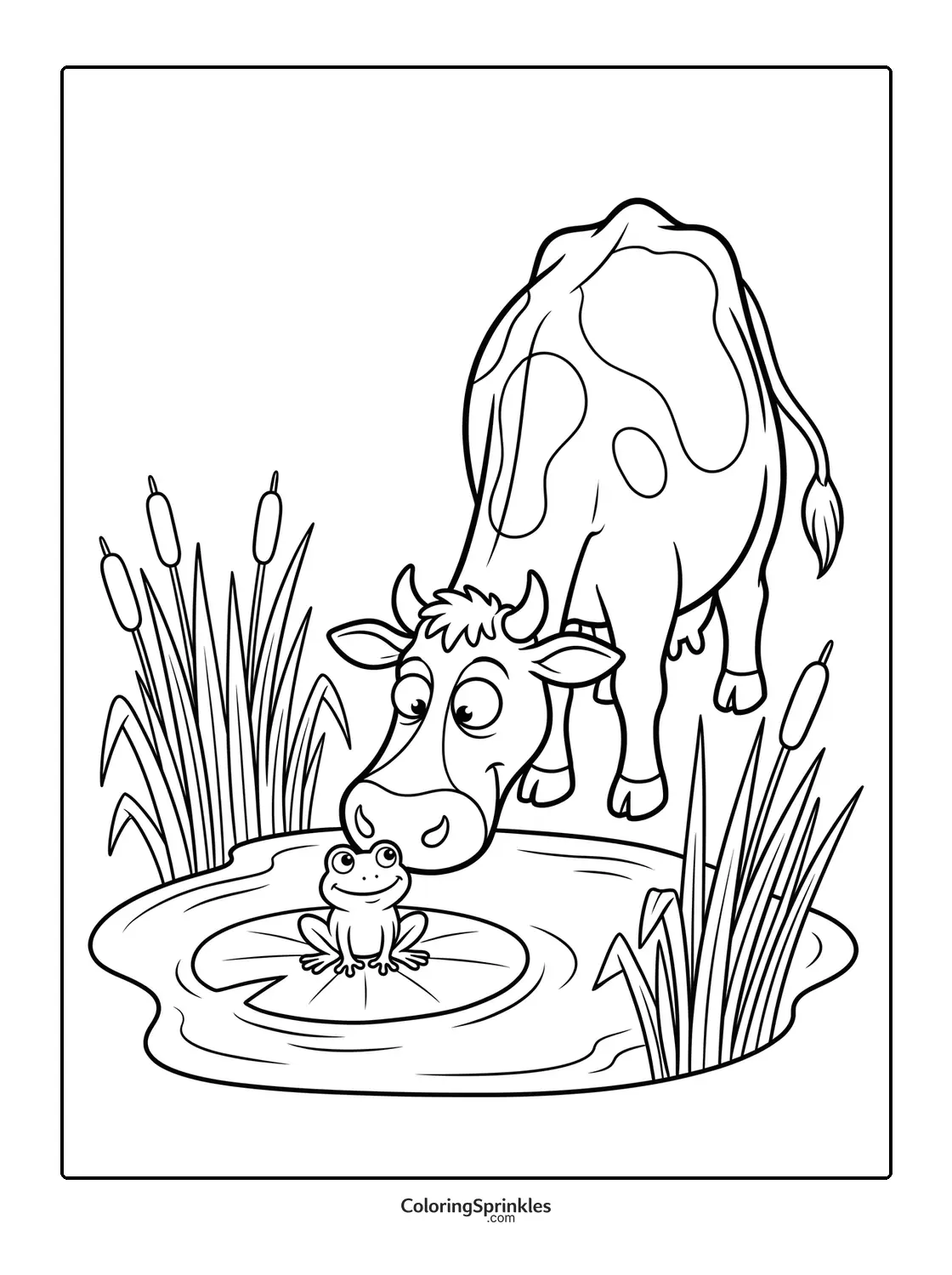 Coloring page of a cow looking at a frog on a pond lily pad