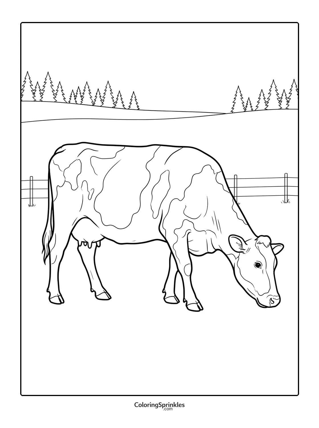 Coloring page of a cow grazing near a fence with pine trees in the background