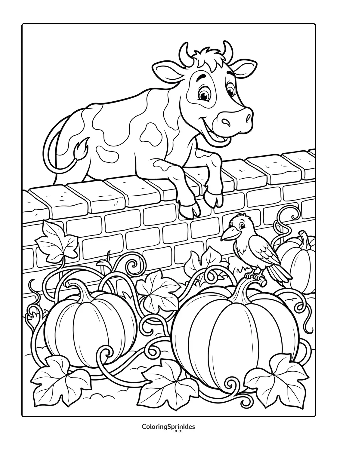 Coloring page of a cow leaning on a brick wall with pumpkins and a bird